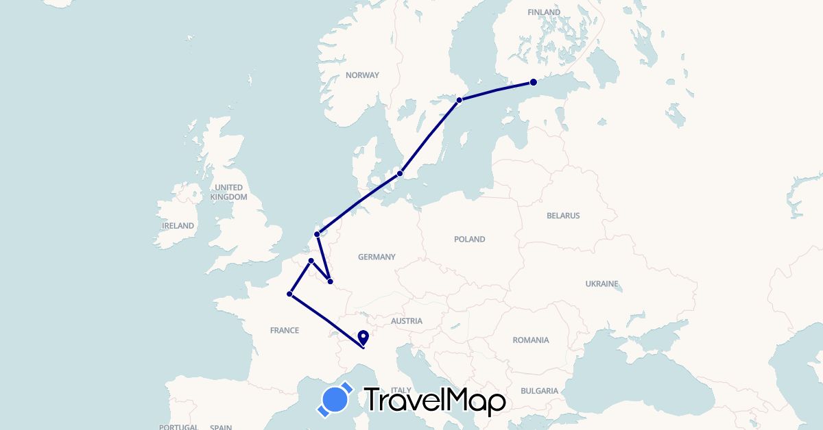 TravelMap itinerary: driving in Belgium, Denmark, Finland, France, Italy, Luxembourg, Netherlands, Sweden (Europe)